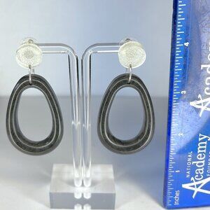 Shimmering White Circle Post with Shimmer Charcoal Oval Drop Dangle Earrings